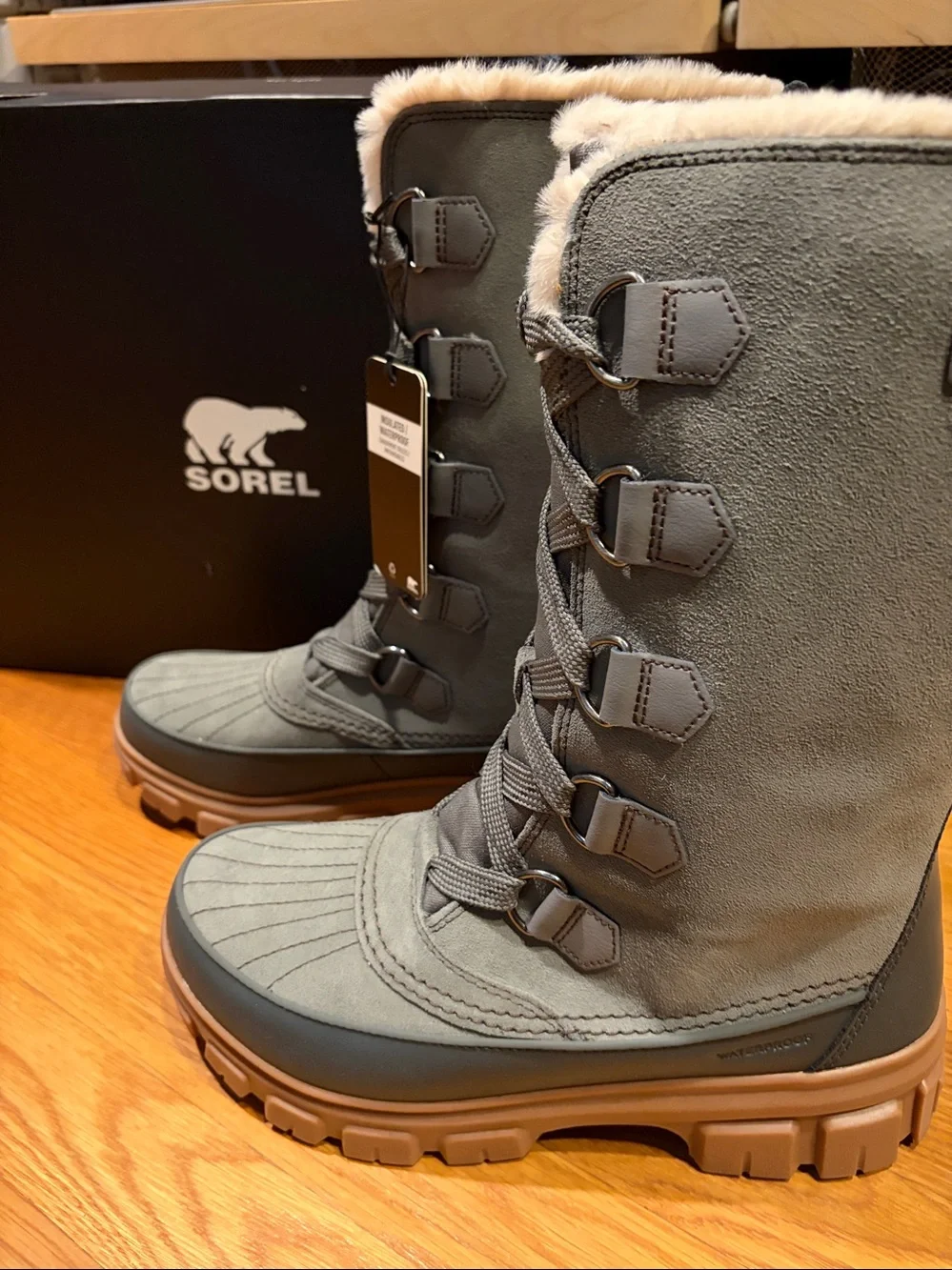 Sorel Tivoli Tall Gray & Tan Insulated Waterproof Women's Winter Lace-Up Boots